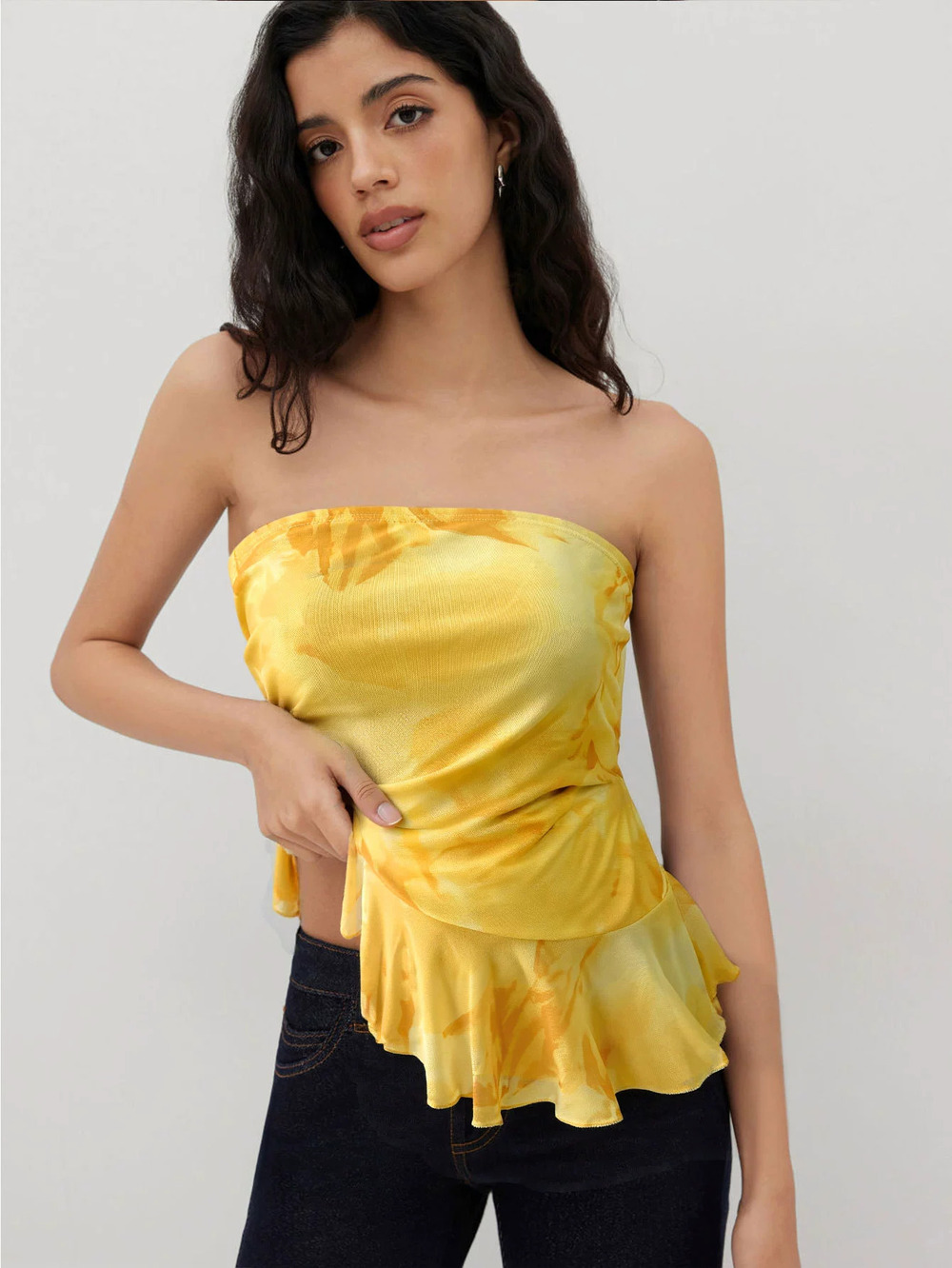 H&M Women Tie Dye Strapless Off Shoulder Crop Top Ruffle Hem Sexy Summer Casual